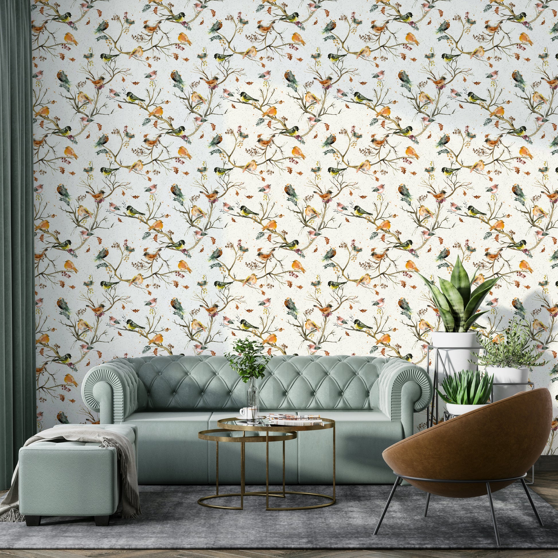 Garden scene wallpaper featuring birds in trees

