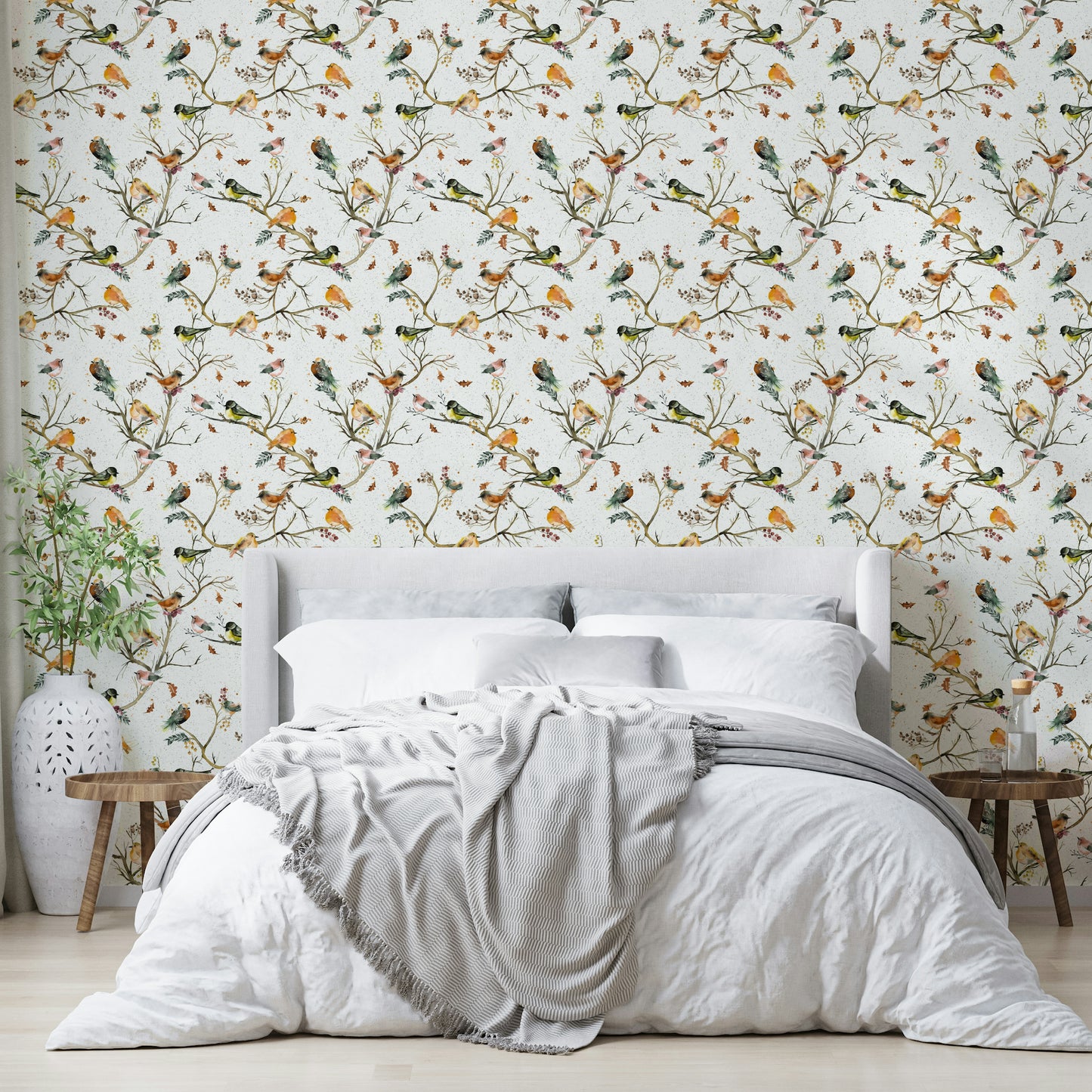 Green forest garden mural with birds and nature


