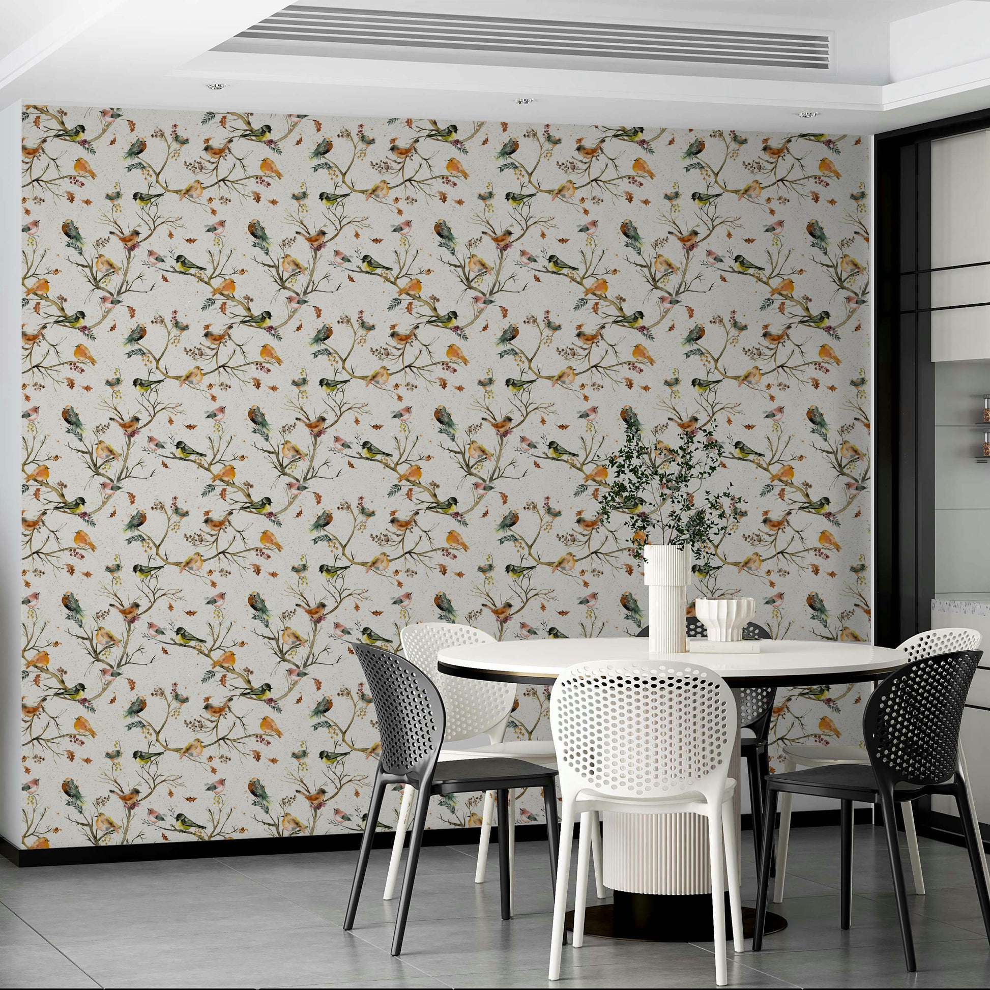 Botanical wallpaper with birds and leafy trees

