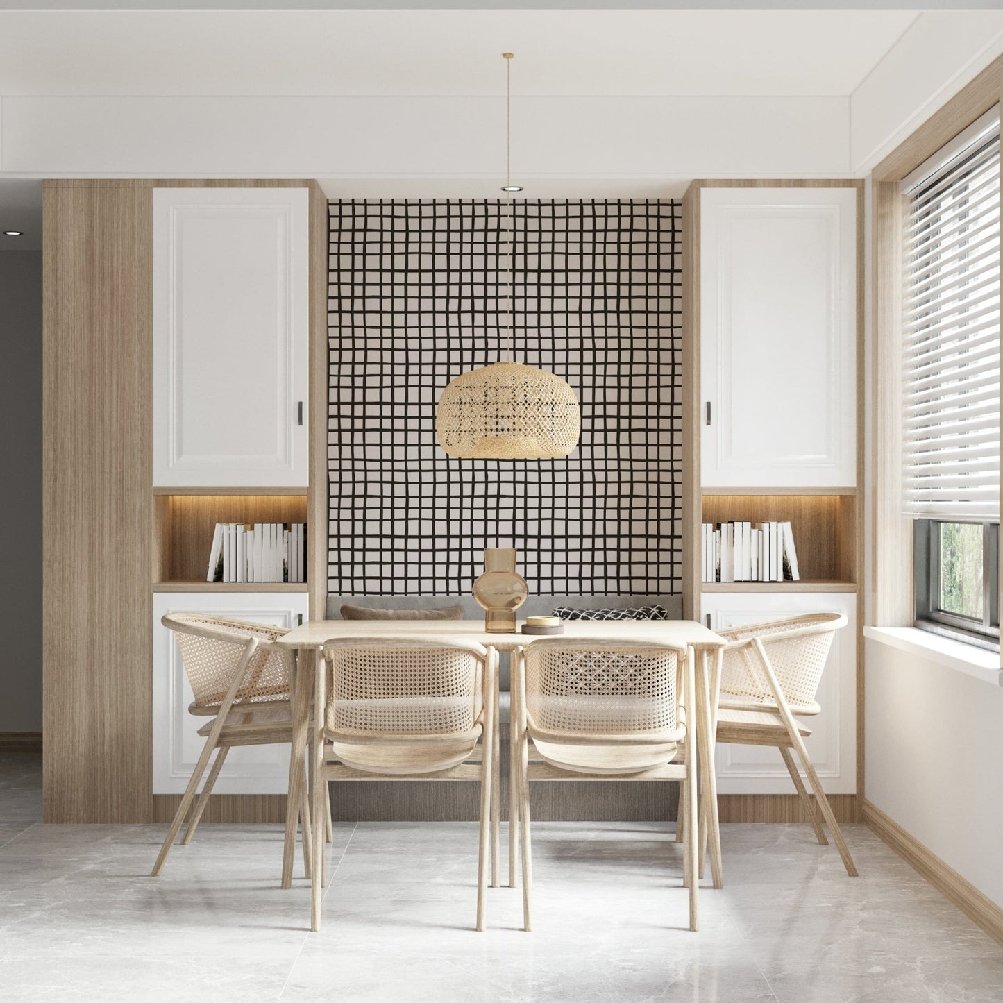 Minimal grid design with a rustic, weathered texture for wall décor.