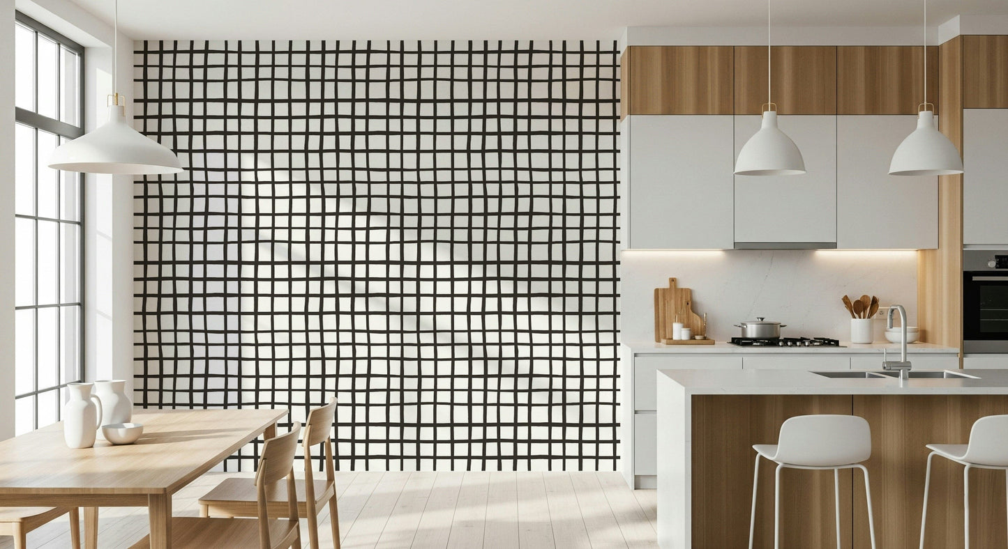 Rustic linear grid wallpaper creating a warm, natural interior style.