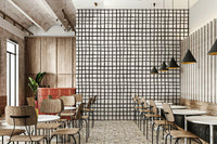 Vintage-inspired grid line wall mural featuring a warm rustic finish.