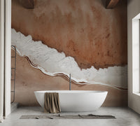 Rustic Horizon Textured wallpaper mural in rust and white behind a freestanding white bathtub in a bathroom