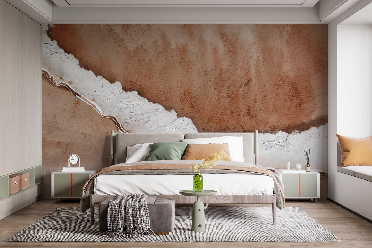 Rustic Horizon Textured wallpaper mural in terracotta behind an upholstered bed with green and tan pillows in a bedroom