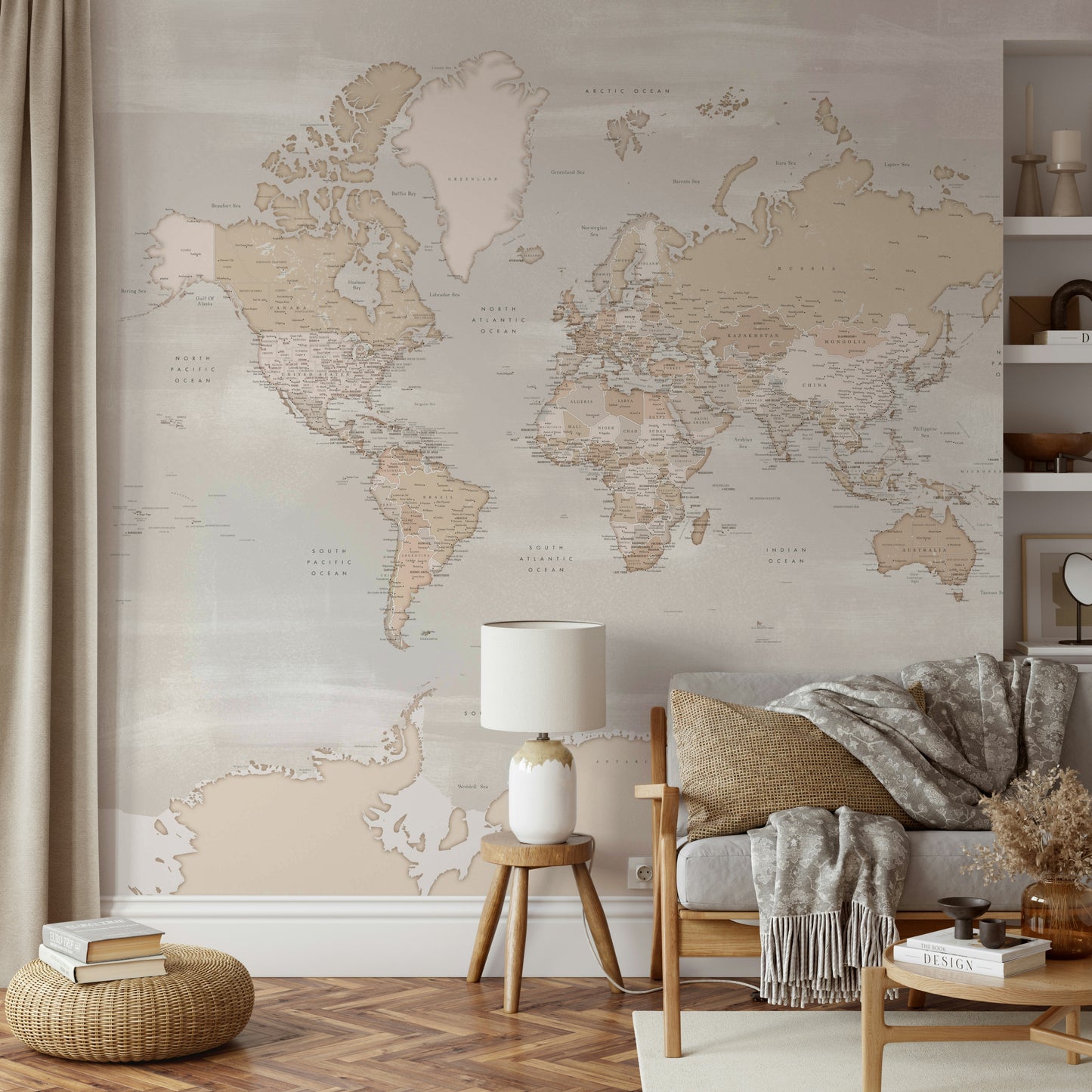 Rustic World Map wallpaper in beige behind a wood-frame sofa with mustard cushion and a lamp on a stool in a living room