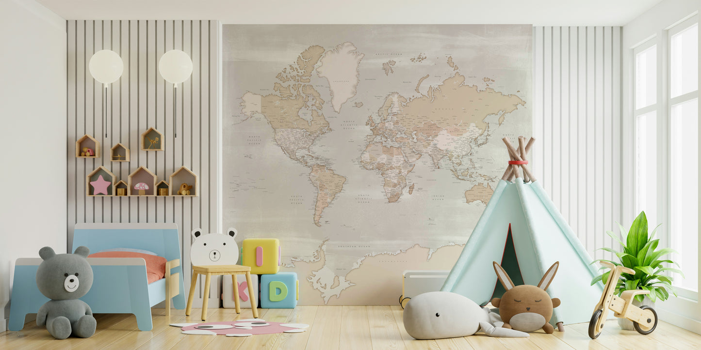 Rustic World Map wallpaper in beige behind a blue toddler bed, teddy bears and a mint teepee in a kids room