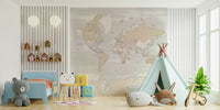 Rustic World Map wallpaper in beige behind a blue toddler bed, teddy bears and a mint teepee in a kids room
