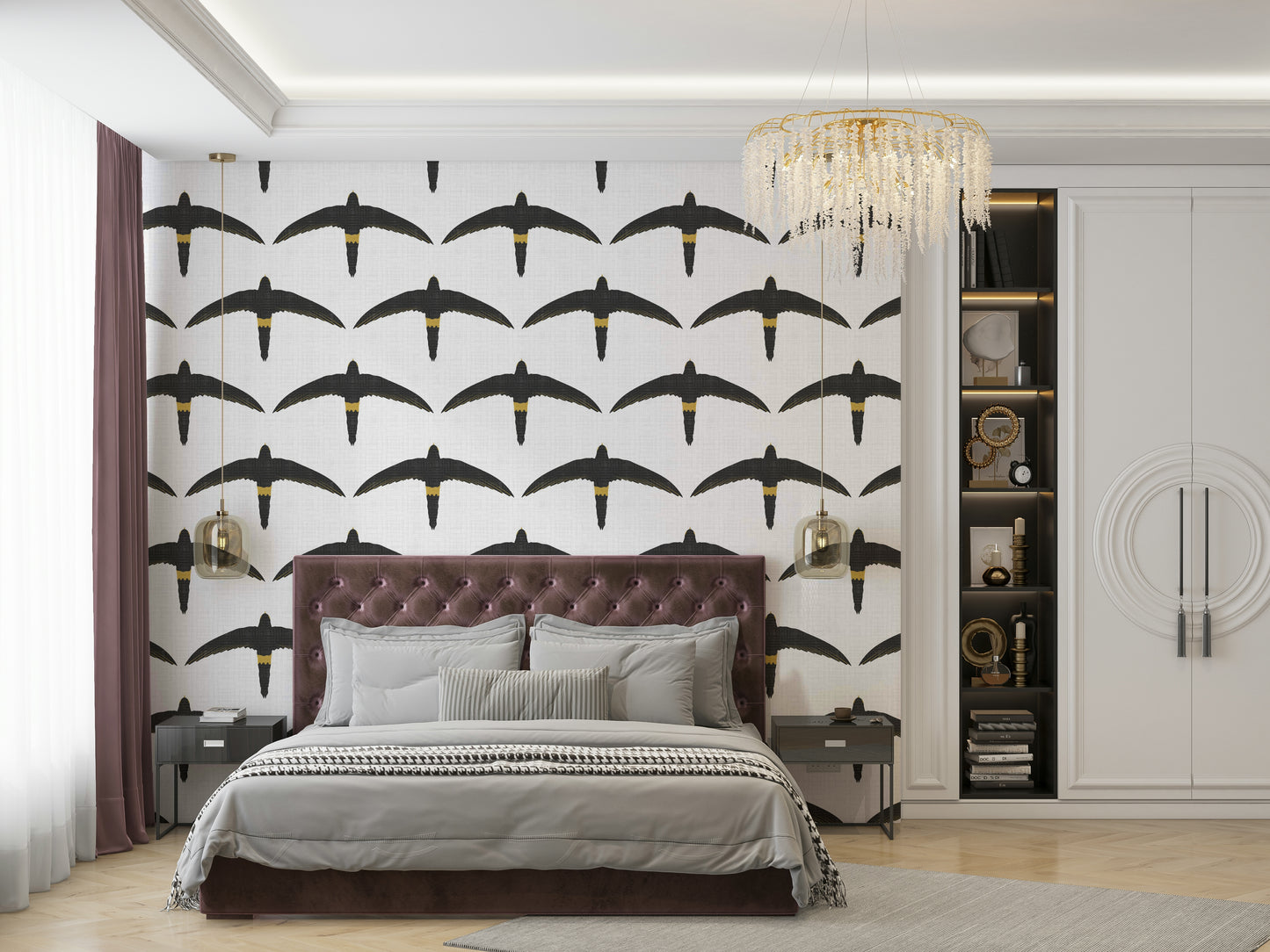 Decorative white wallpaper with Pacific swift design

