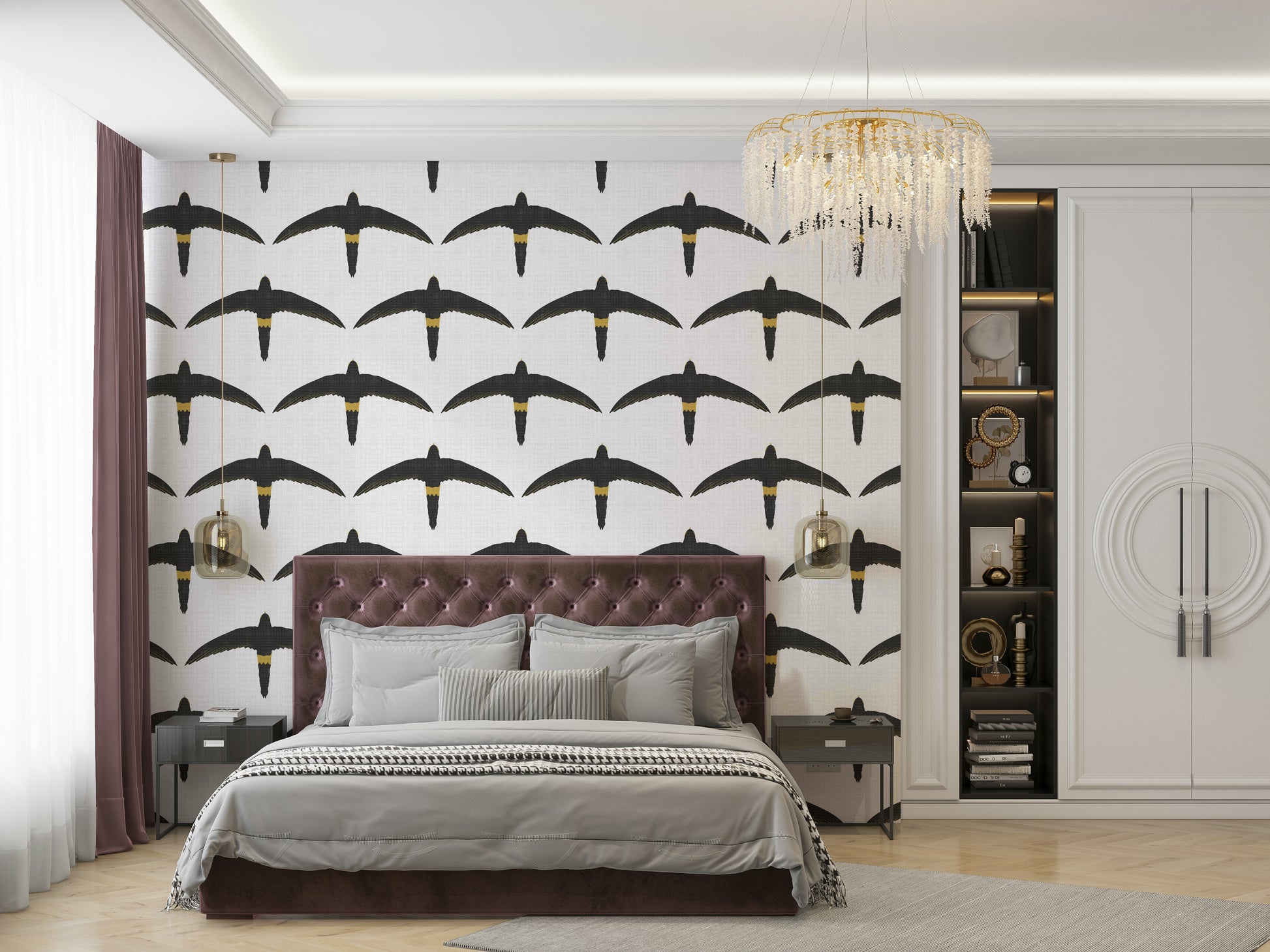 Decorative white wallpaper with Pacific swift design

