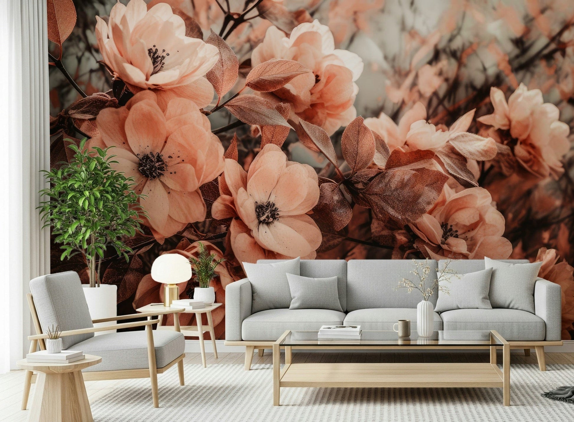 A calming floral design wallpaper mural that defines a space.

