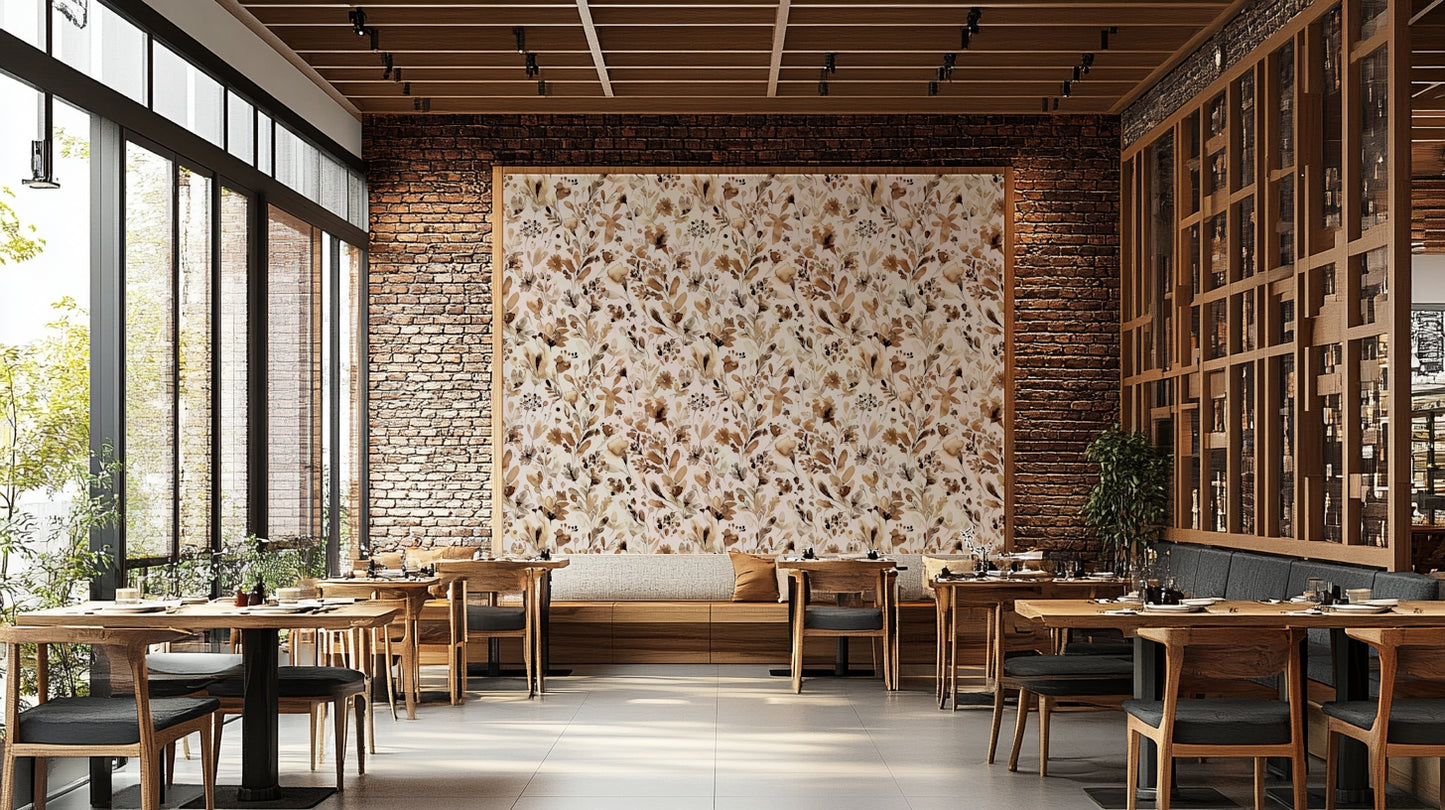Wallpaper featuring soft florals and leafy plants in earthy colors.


