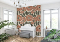 Artistic block print texture of Poppy Floral Modern Rustic Block mural art.