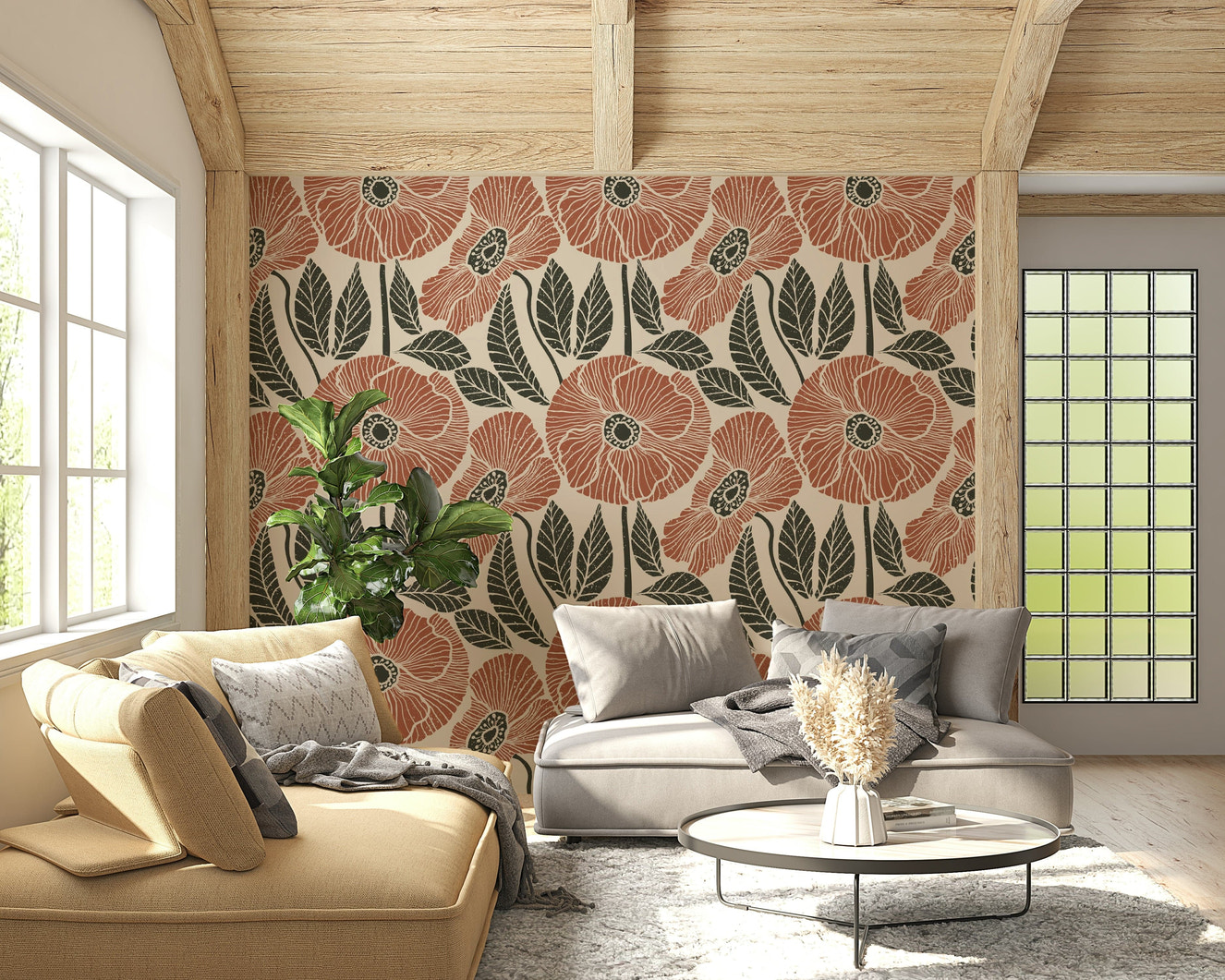 Large stylized poppy flowers on Poppy Floral Modern Rustic Block wallpaper.