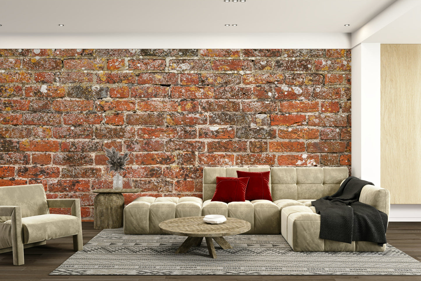 An artistic rustic brick mural on realistic wallpaper.

