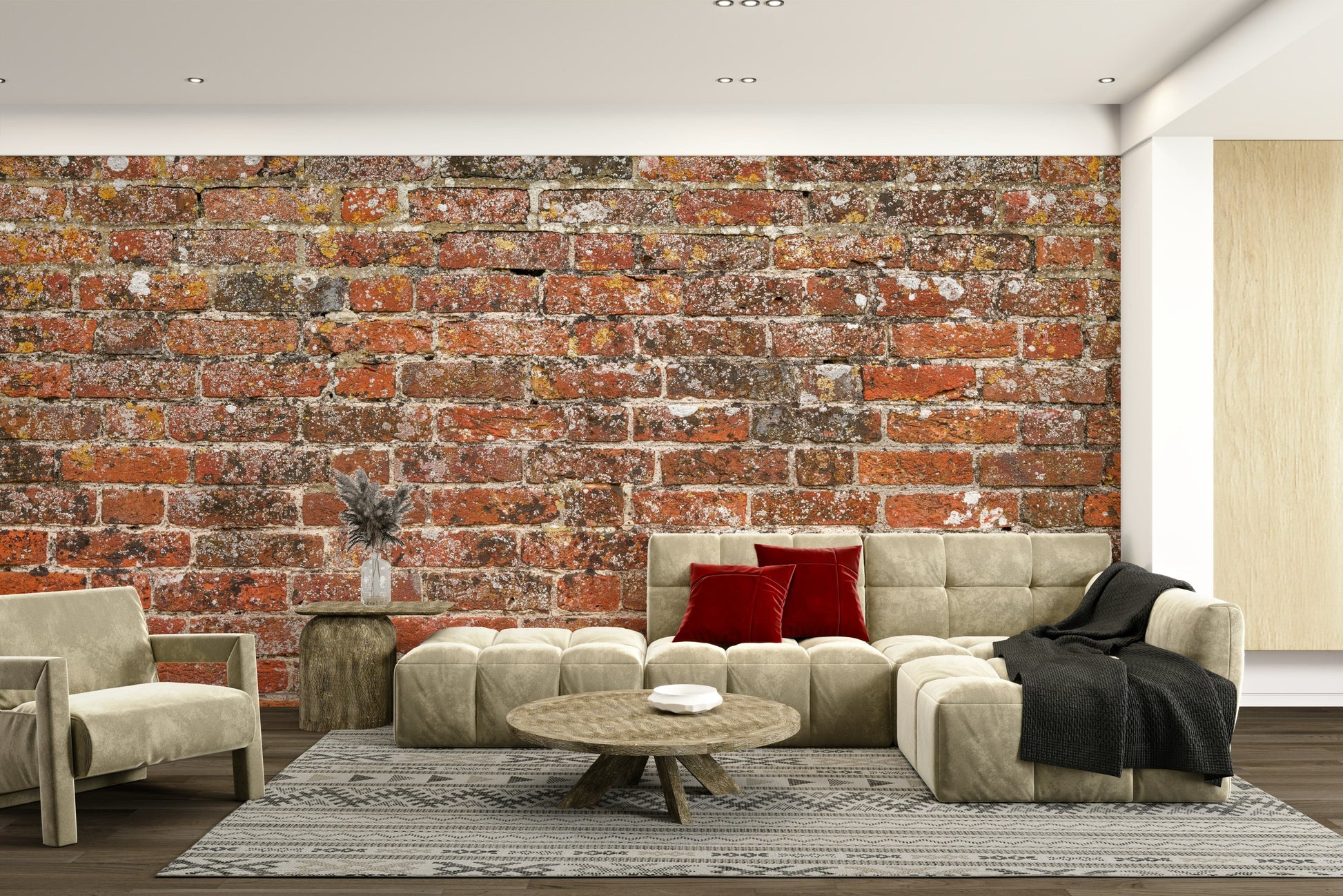 An artistic rustic brick mural on realistic wallpaper.

