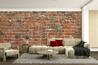 An artistic rustic brick mural on realistic wallpaper.

