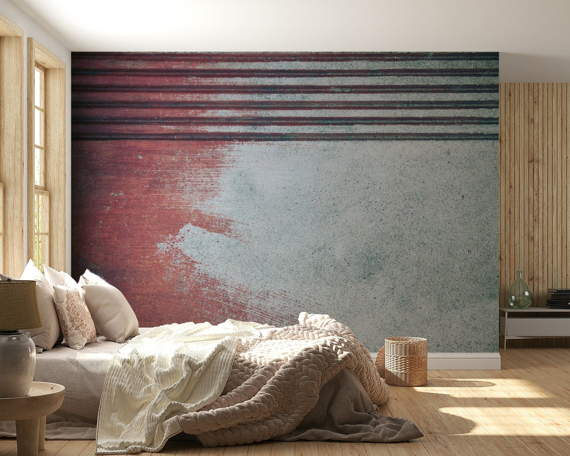 Rustic Rouge Concrete wallpaper mural in red and gray behind a low platform bed beside a wood slat panel