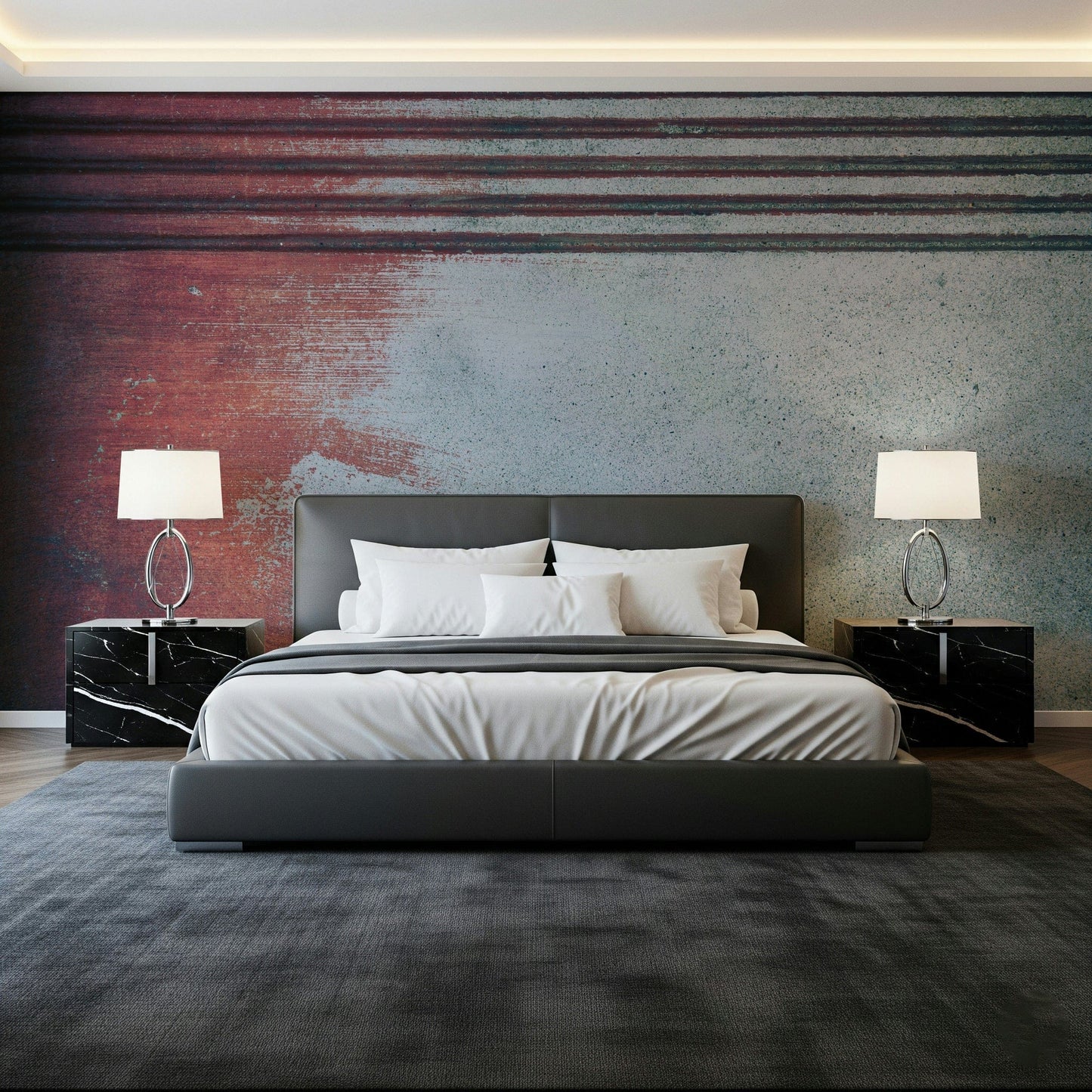 Rustic Rouge Concrete wallpaper mural in red and gray behind a dark leather bed and marble nightstands