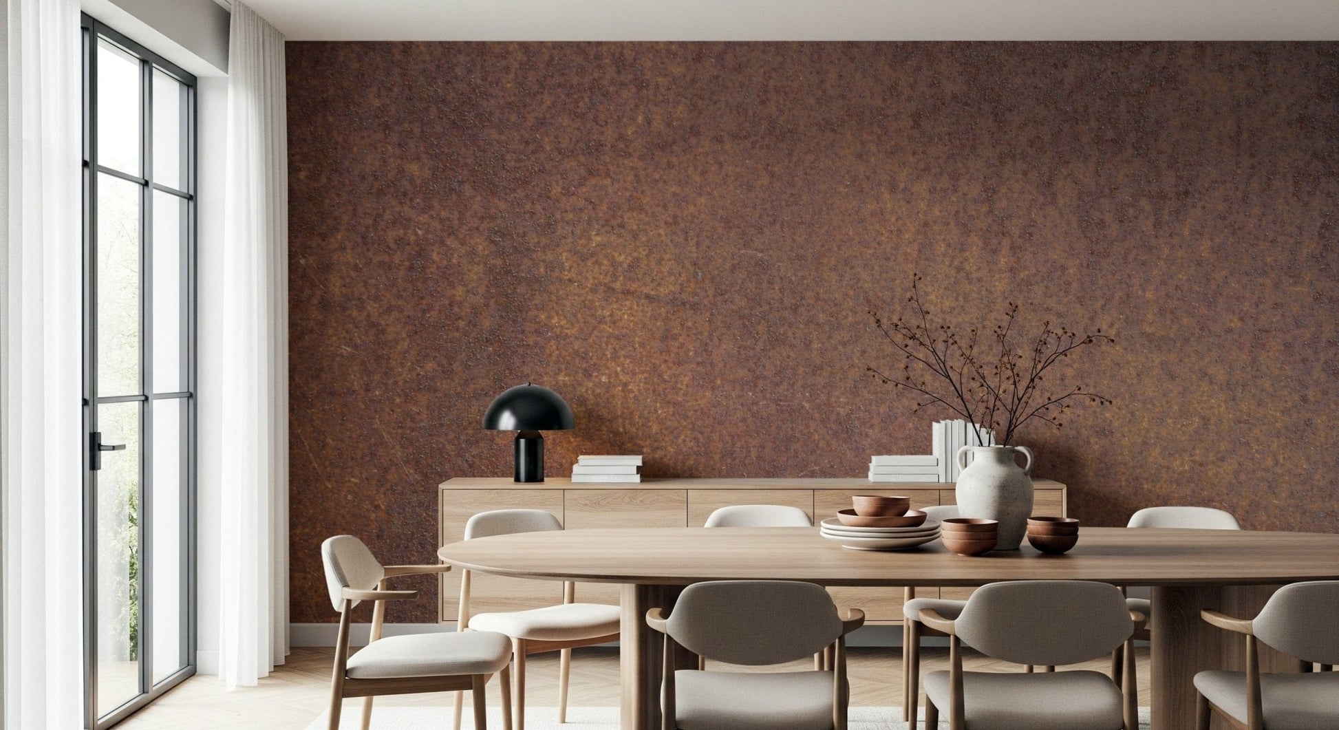 Wall mural with oxidized metal textures for industrial and rustic home decor.