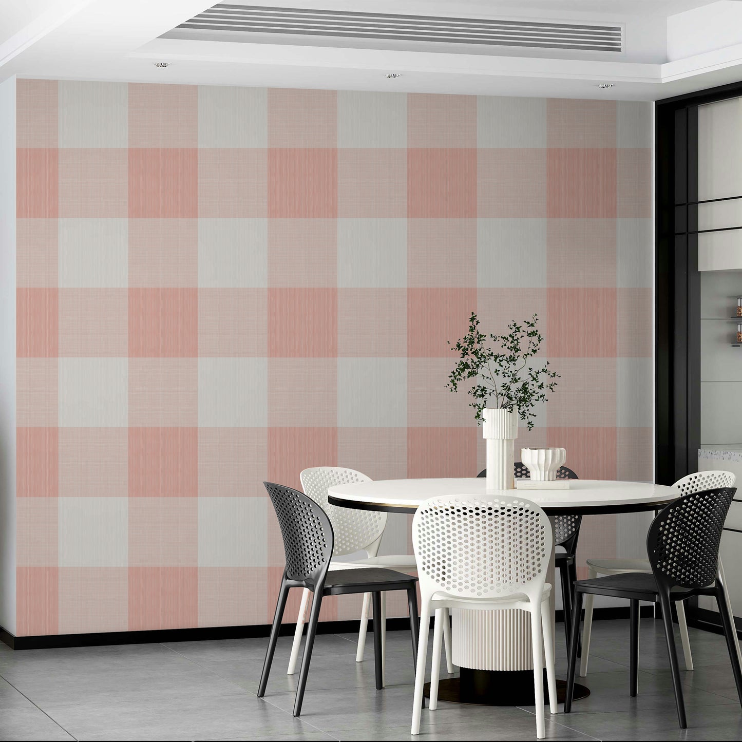 Farmhouse-style wallpaper in soft pink checks

