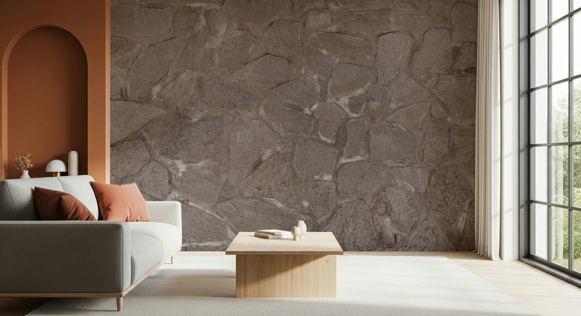 Rustic Stone Wall Wallpaper Mural creating a natural, textured, and grounding ambiance in any room.