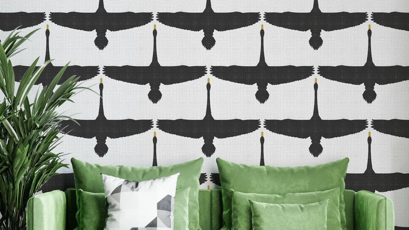 Rustic Swan Flock Gray Wallpaper with flying swans

