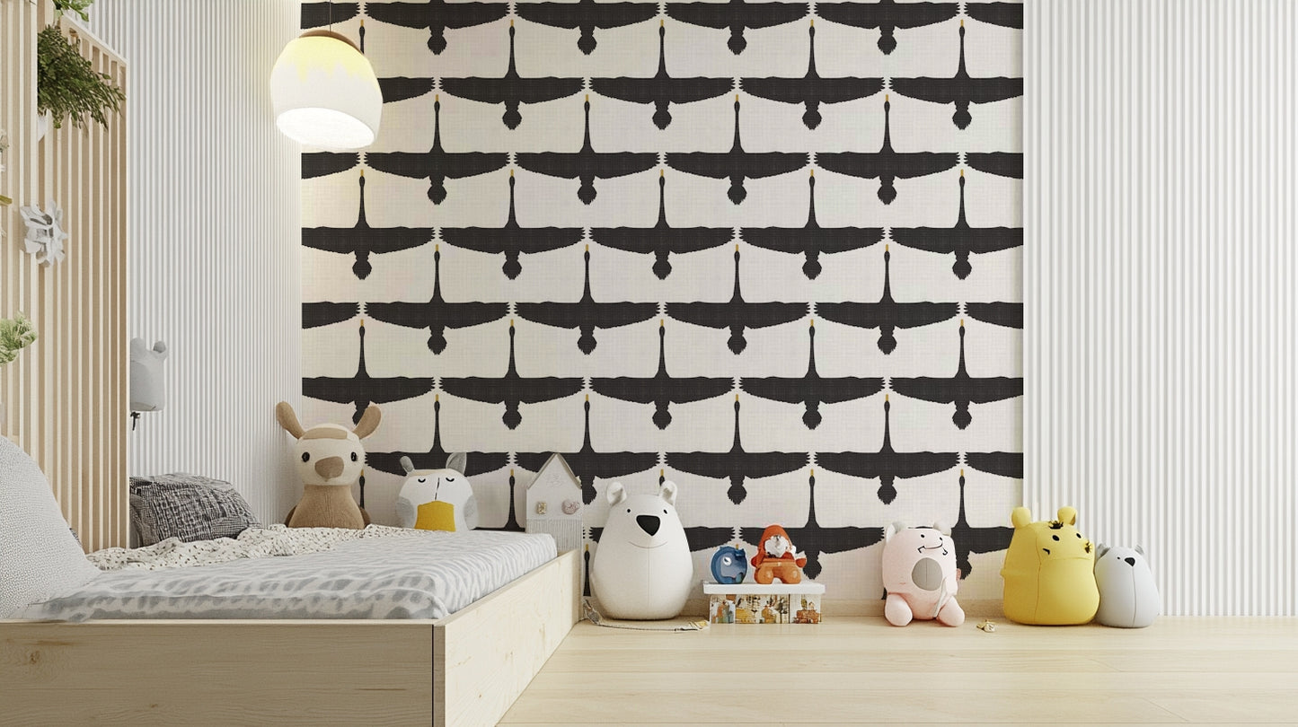 Decorative swan-themed wallpaper in muted gray

