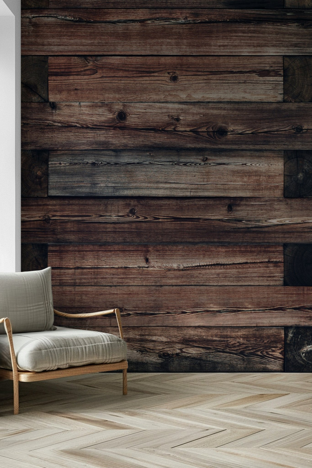 Rustic Timber Wall Mural featuring natural wooden planks with warm, earthy tones for cozy interiors.