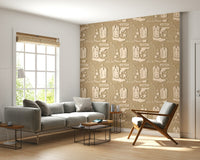 Patterned Western wallpaper mural with classic cowboy symbols and muted brown tones.