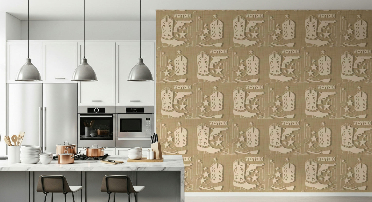 Rustic Western Dream wallpaper showcasing Western boots and desert elements in a repeating layout.