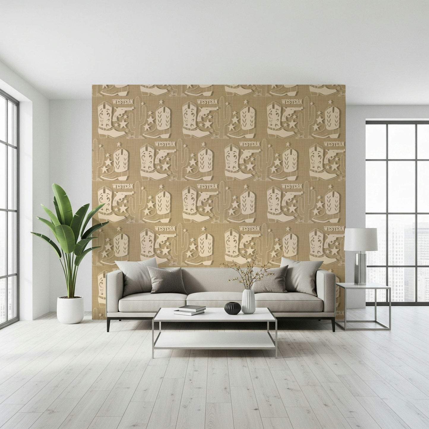 Vintage Western wallpaper featuring sketched cacti, stars, and cowboy gear on a warm brown backdrop.
