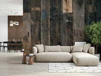 Rustic wood plank wallpaper mural adding depth, texture, and warmth to modern, farmhouse, or cottage interiors.