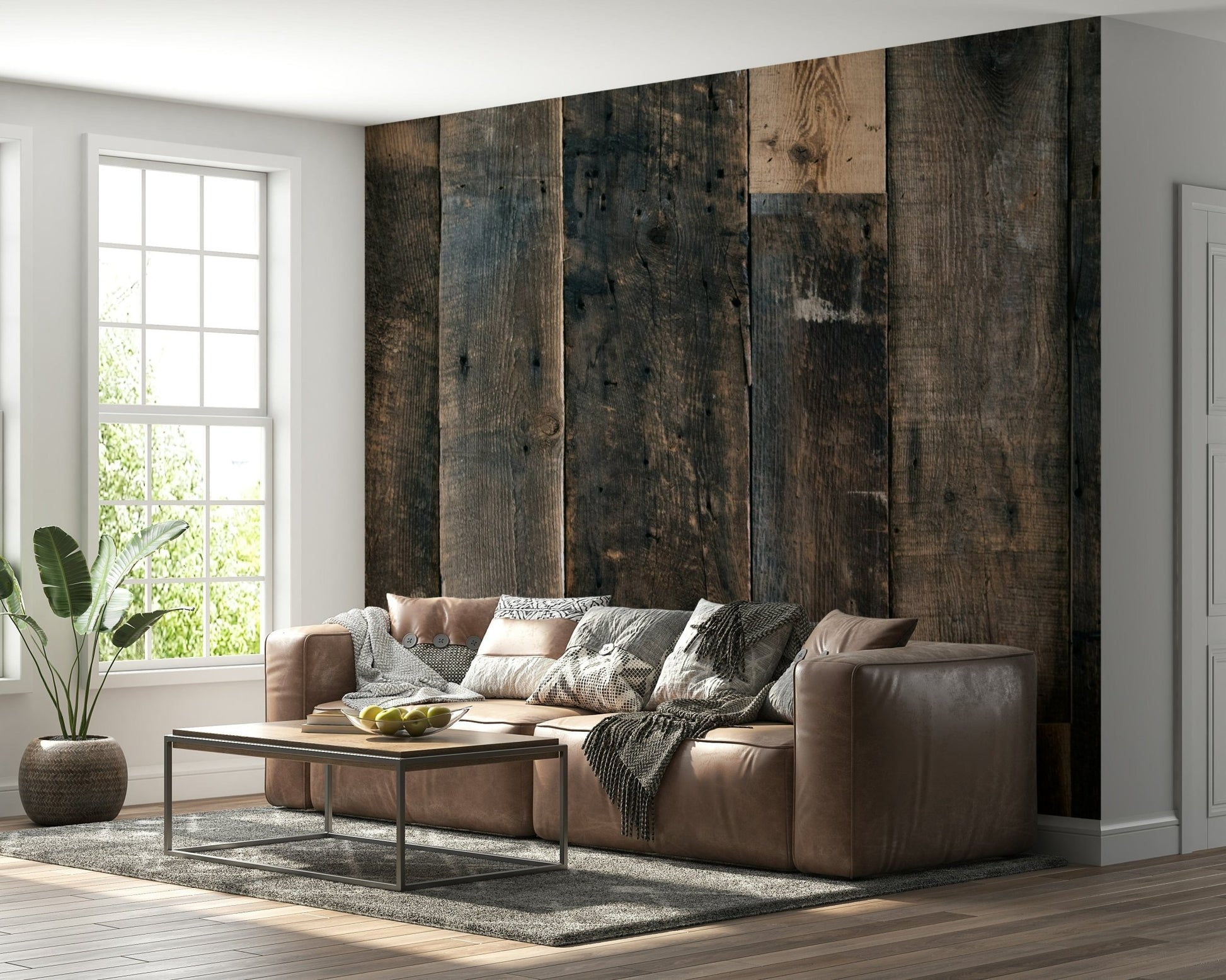Decorative wall mural featuring weathered timber panels to create a cozy, inviting ambiance.