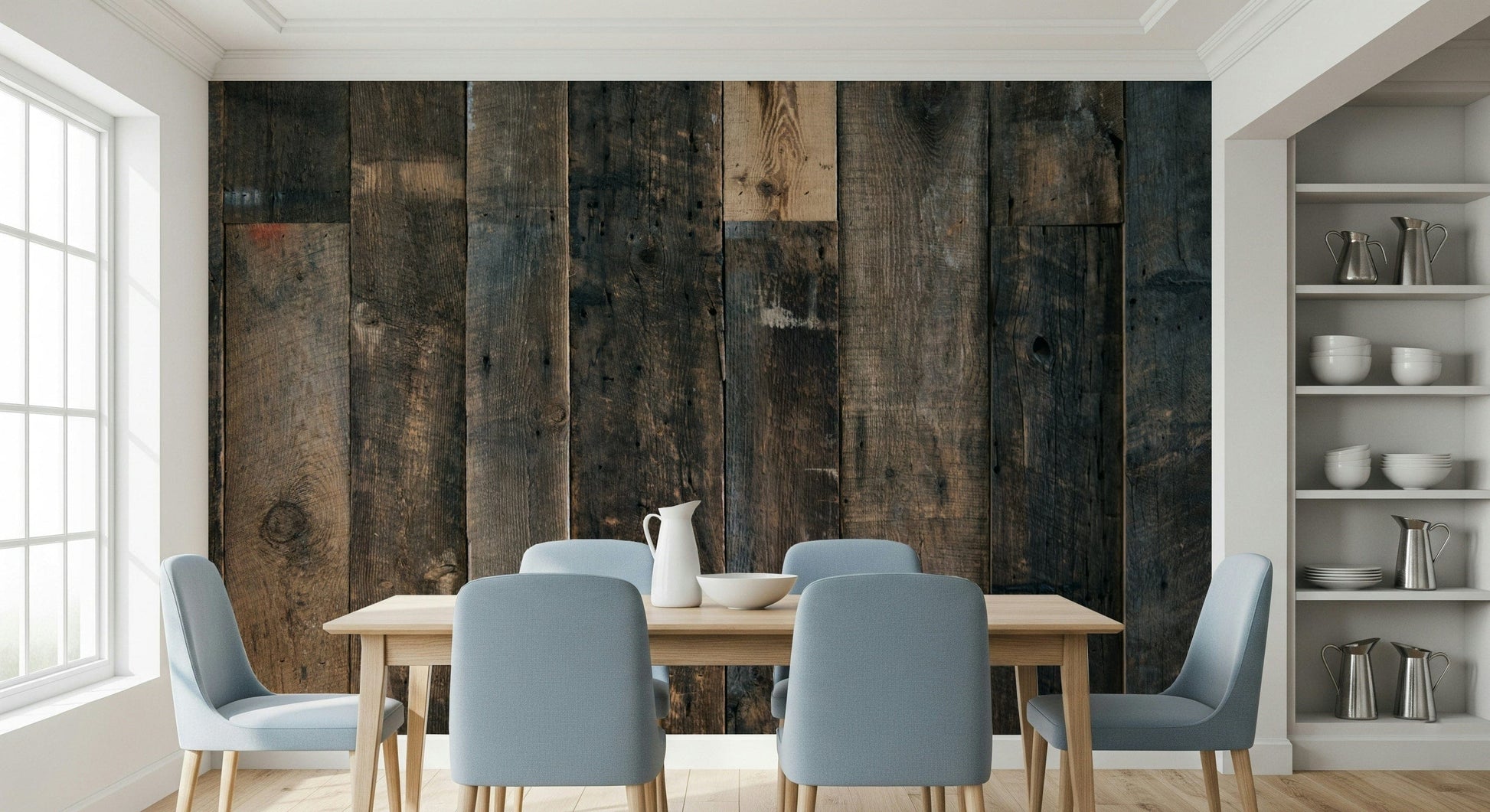 Wall mural showcasing aged wooden planks with authentic grain and subtle color variations for farmhouse-style décor.