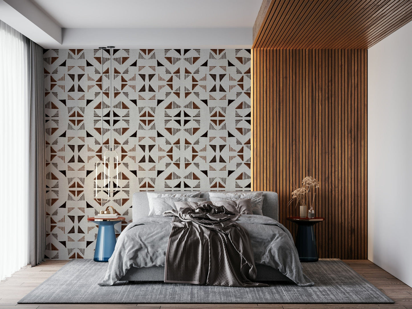 3D-effect triangle wood wallpaper featuring mixed shades of oak, walnut, and pine tones.