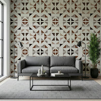Natural wood texture wallpaper arranged in a modern triangle geometry for rustic interiors.