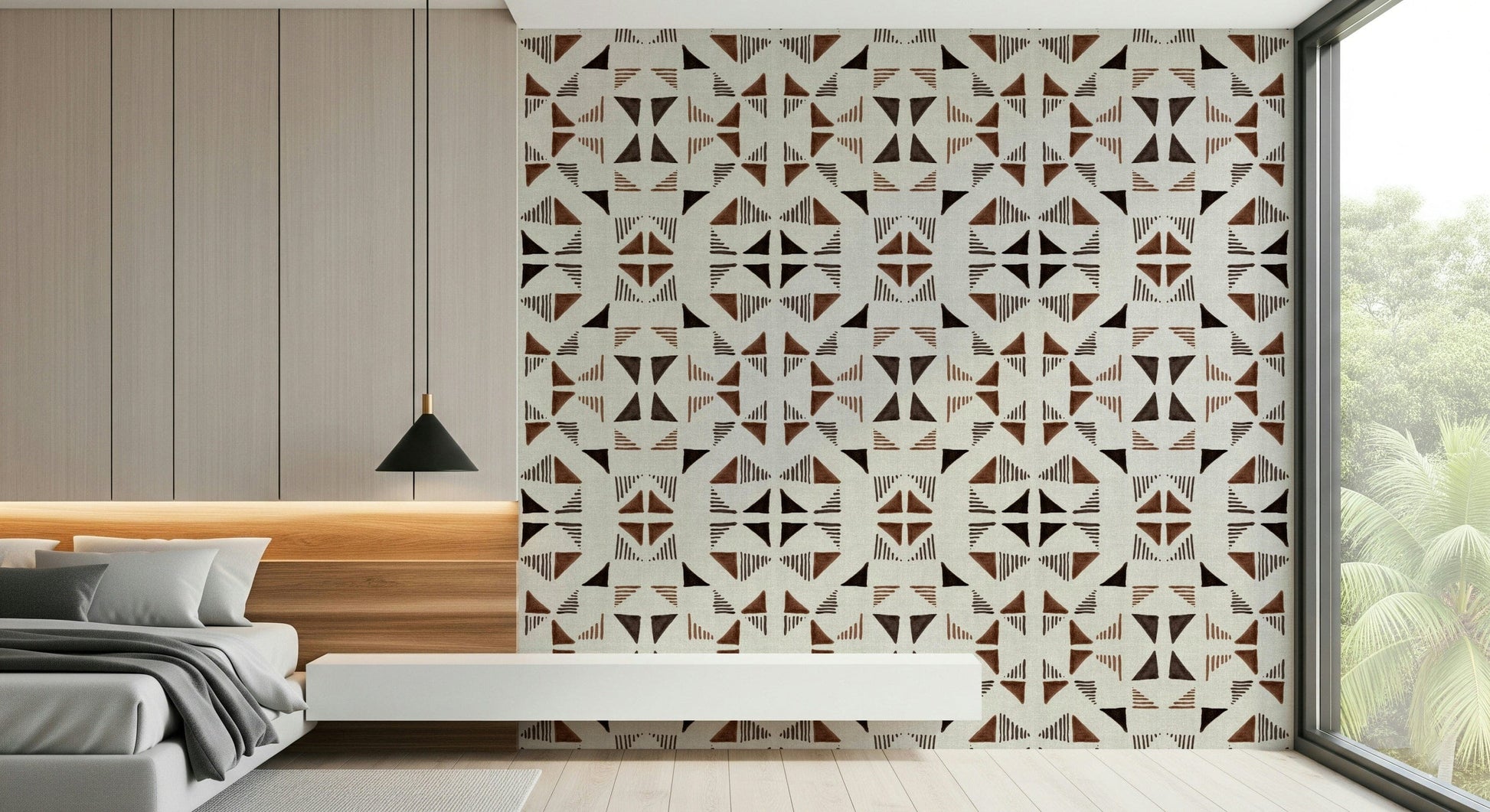 Geometric wood wall mural with a triangle composition pattern adding depth and texture to walls.