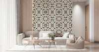 Contemporary wood-pattern wallpaper with interlocking triangle shapes for a modern interior look.