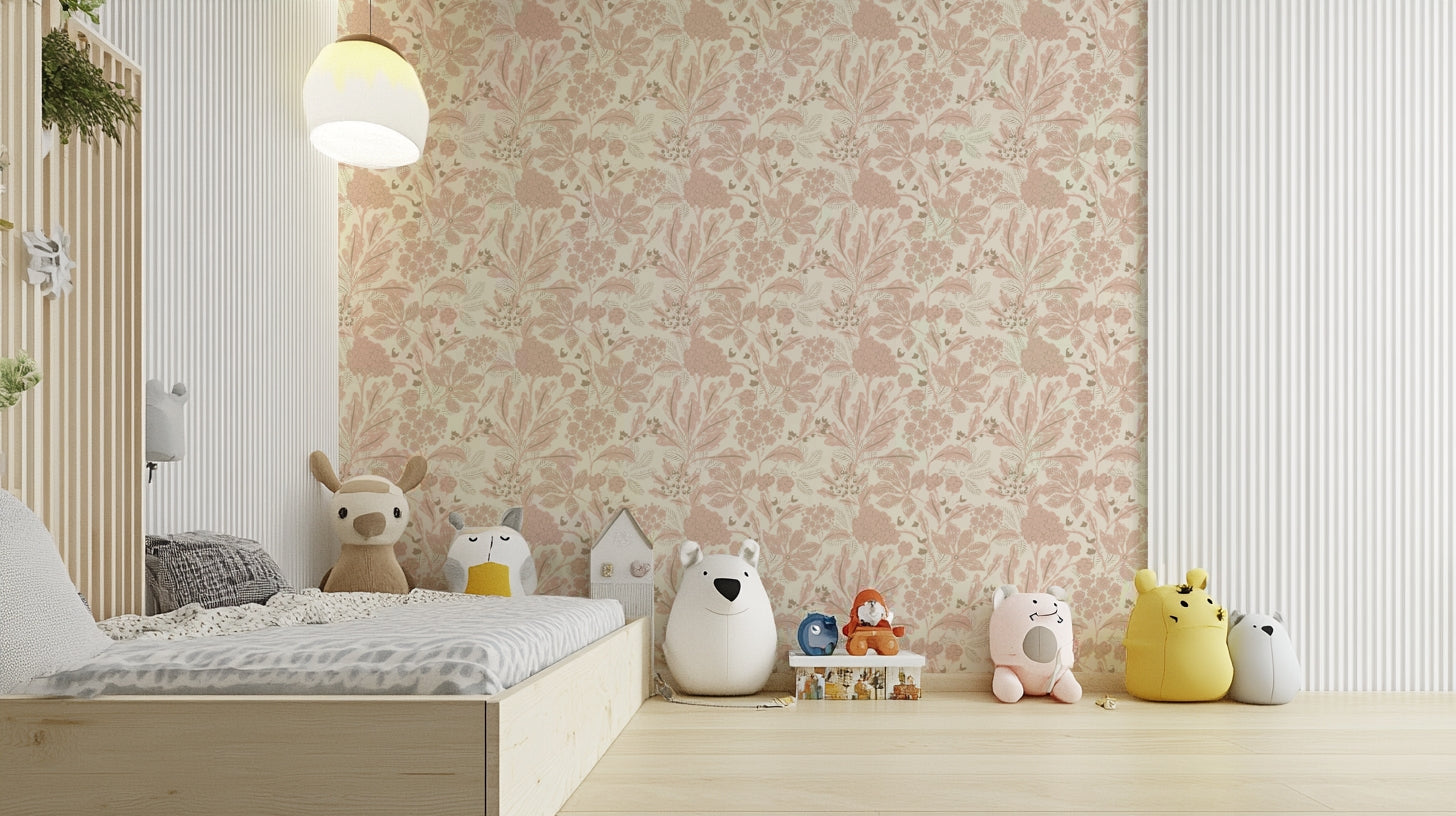 Rusty blush botanical wallpaper with soft floral design

