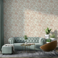 Soft floral wallpaper in warm rusty blush color palette

