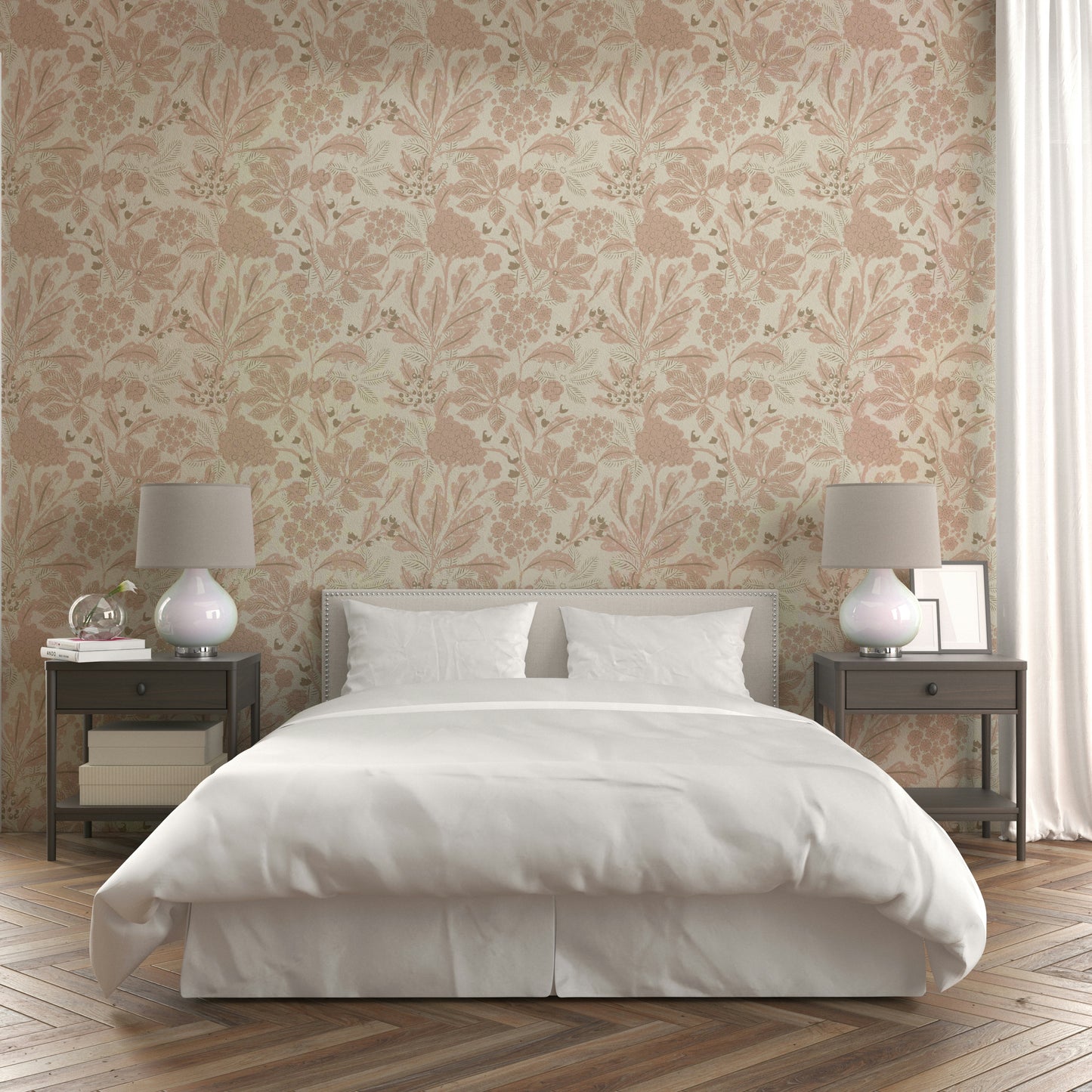 Close-up of rusty blush flowers on wallpaper

