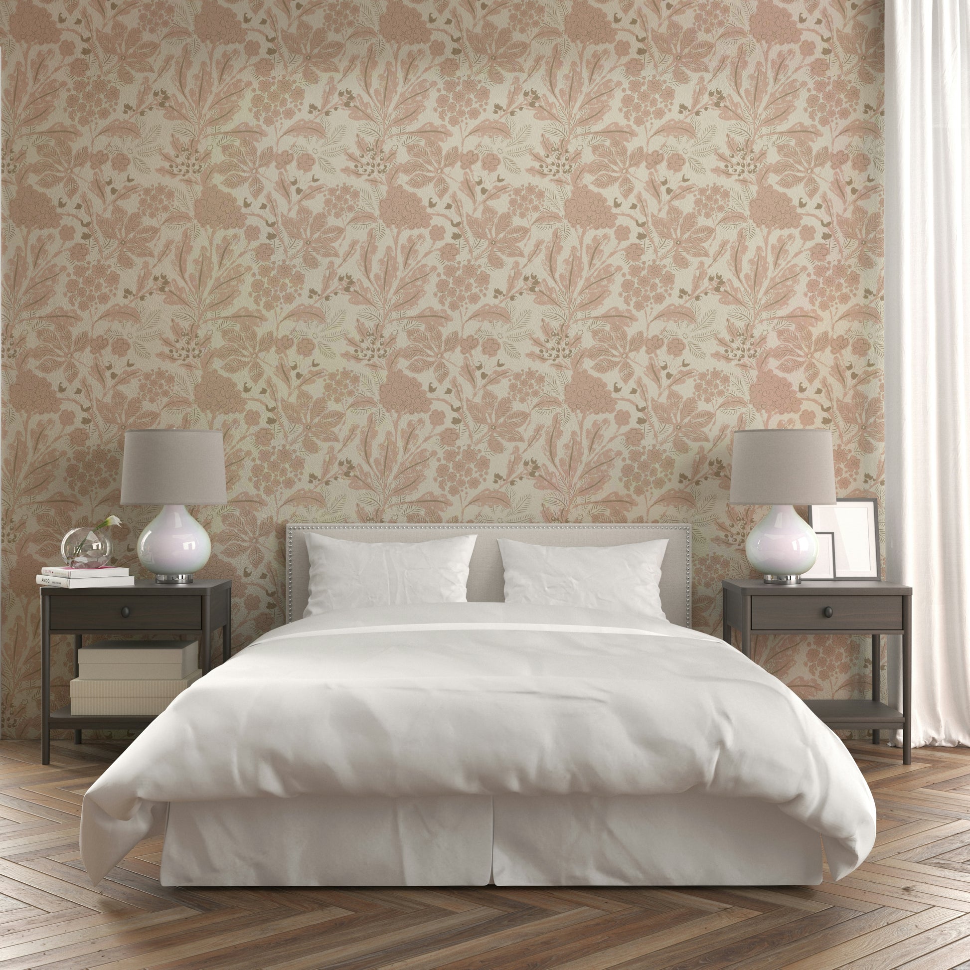 Close-up of rusty blush flowers on wallpaper

