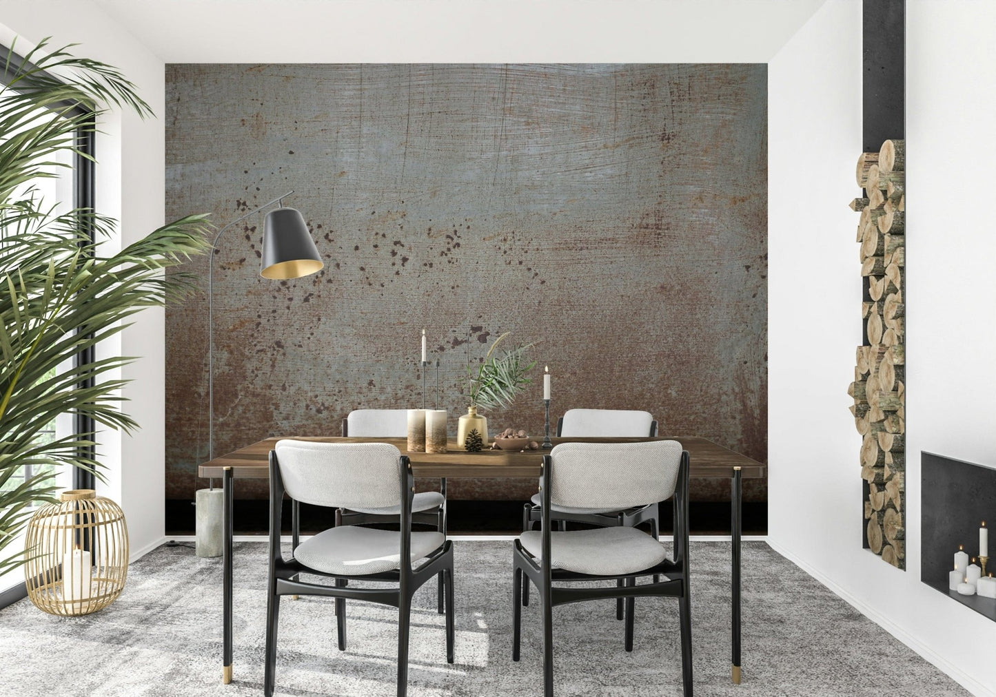 Corroded metal wall mural with scratched finish