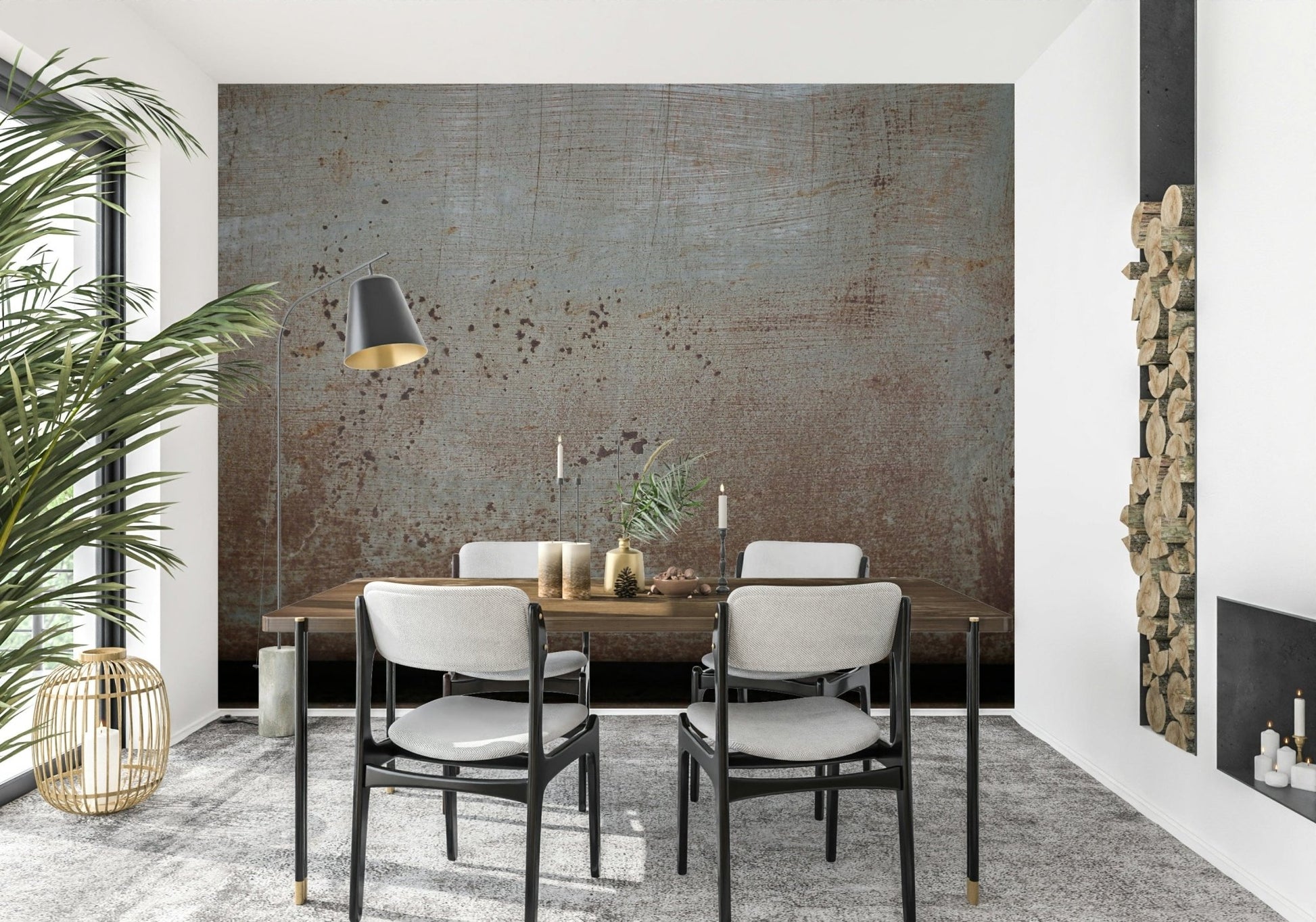 Corroded metal wall mural with scratched finish