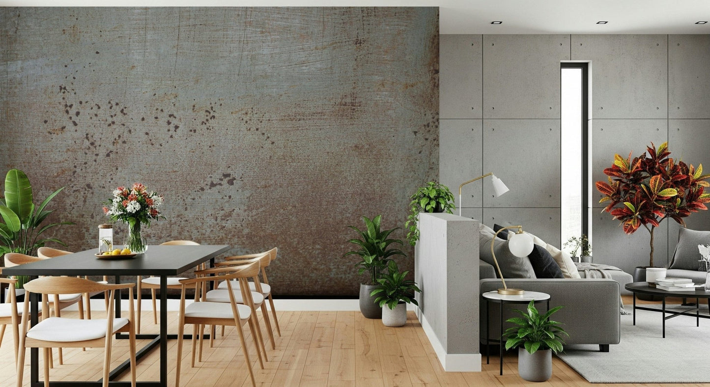 Vintage rusted metal wall mural with worn patina