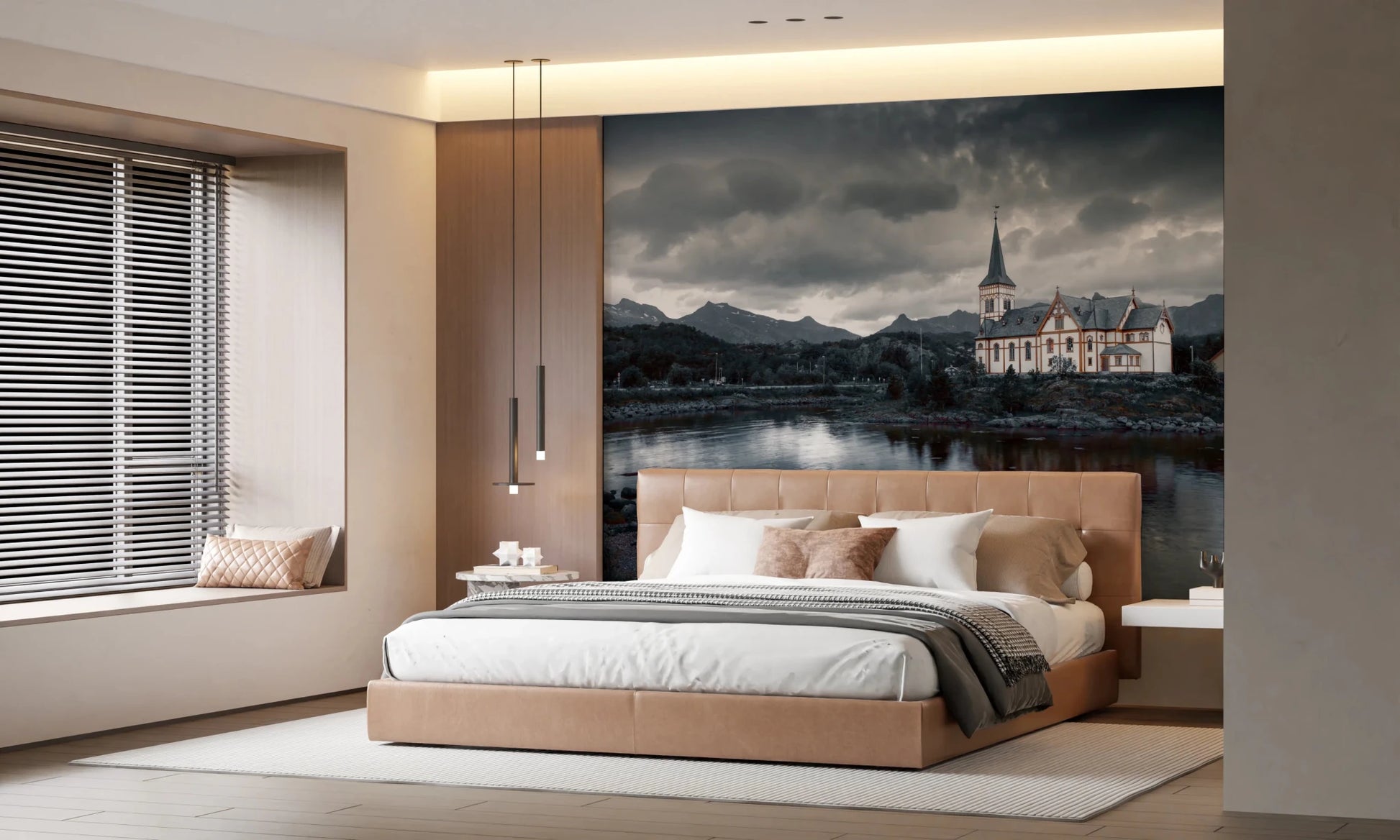 Sacred Shores wallpaper mural of a moody lakeside church above a camel leather bed in a warm modern bedroom