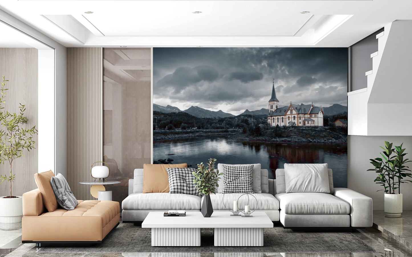 Sacred Shores wallpaper mural of a church and grey sky behind a white sectional and tan chaise in a spacious living room