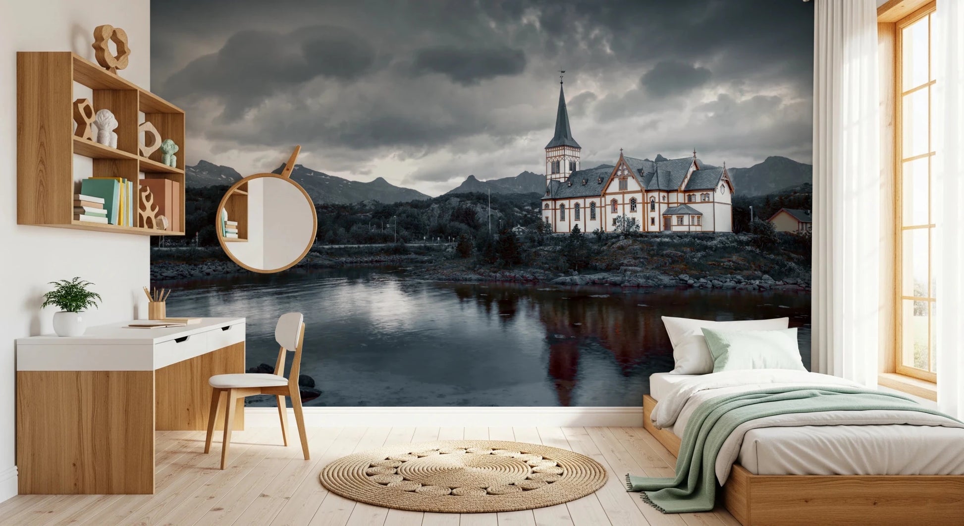Sacred Shores wallpaper mural of a stormy church scene in a kids room with a light wood desk and a single bed