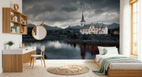 Sacred Shores wallpaper mural of a stormy church scene in a kids room with a light wood desk and a single bed