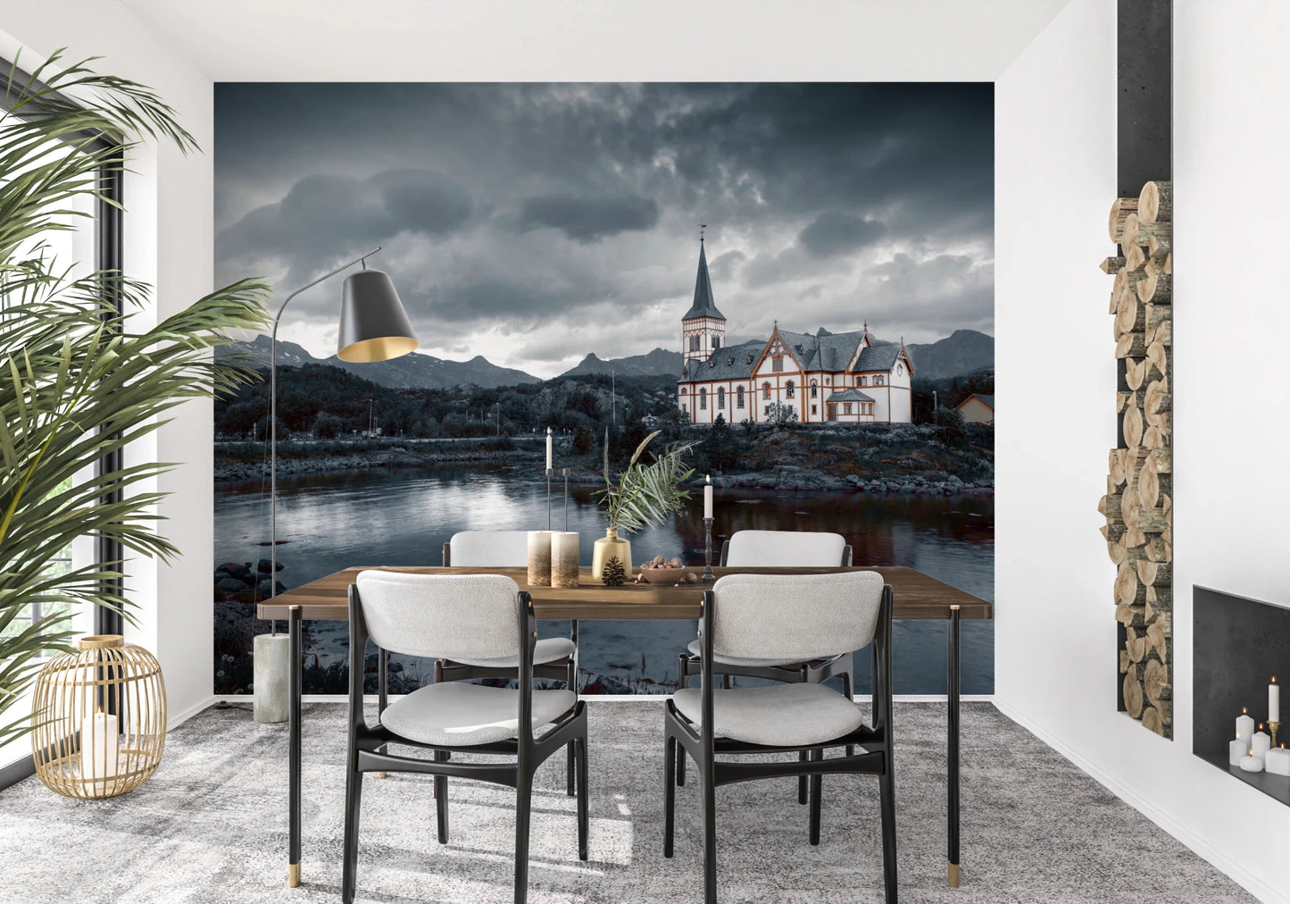 Sacred Shores wallpaper mural of a dramatic church scene in a dining room with a wood table and black and white chairs